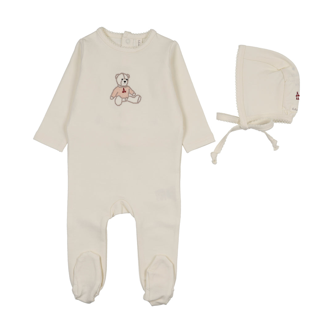 footie sweet bear with bonnet - cream/pink