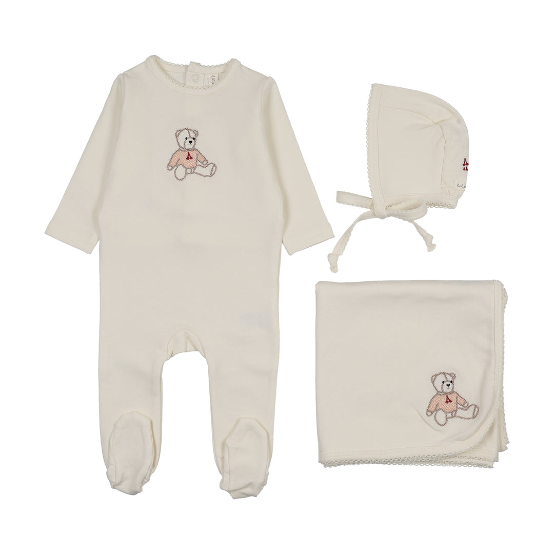 set footie sweet bear with bonnet and blanket - cream/pink