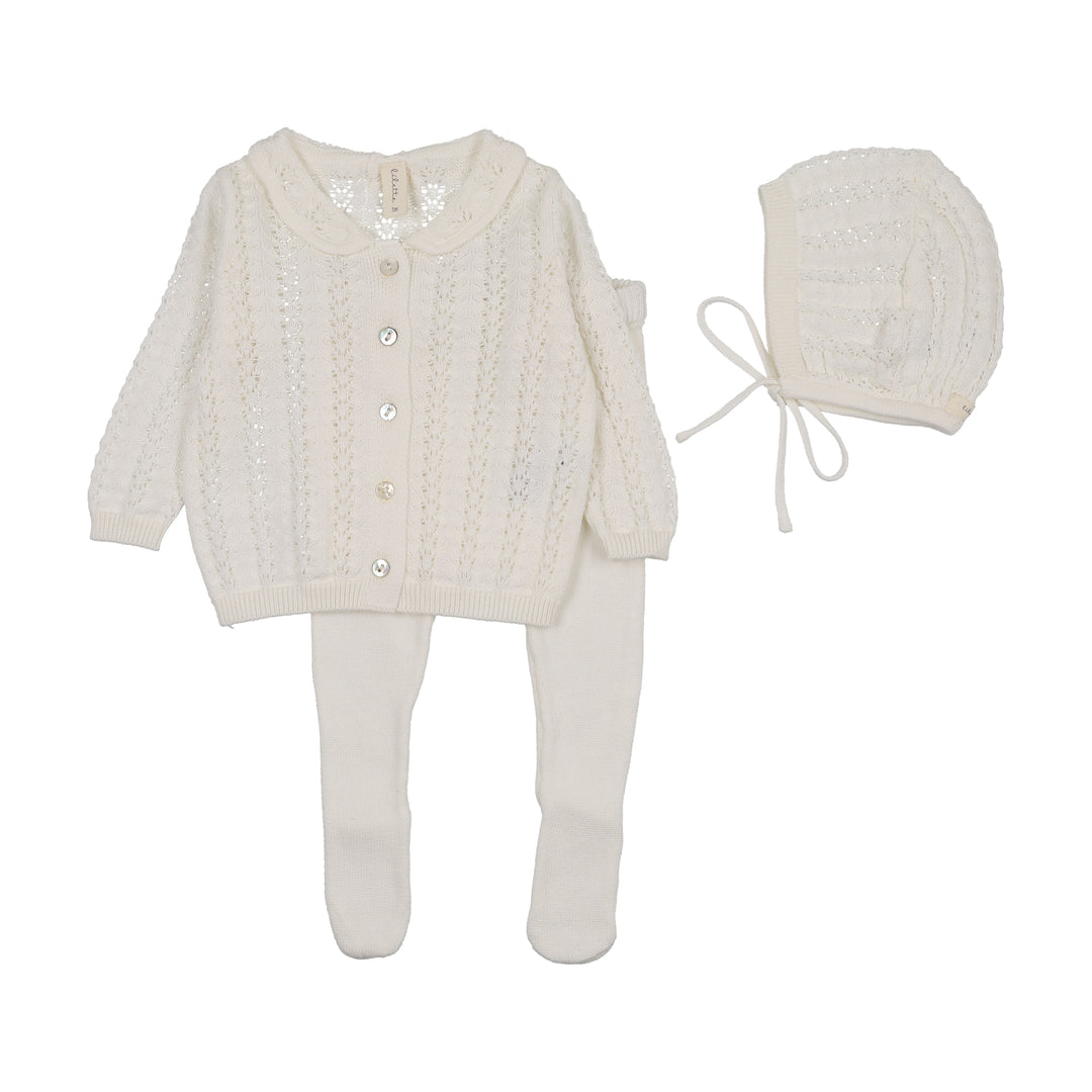 set knit crochet bris top and footie pants with bonnet - winter white