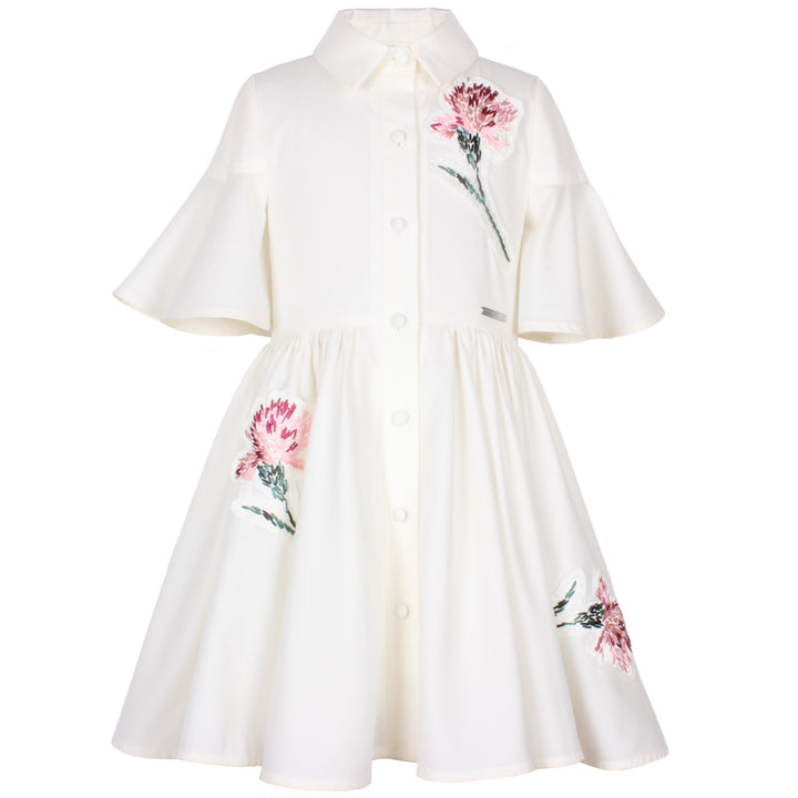dress embroidered applique button down with collar - flower embridery-100