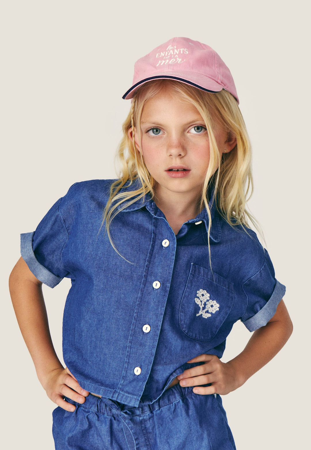 shirt s/s cropped denim with pinpoint stitch flowers - blue