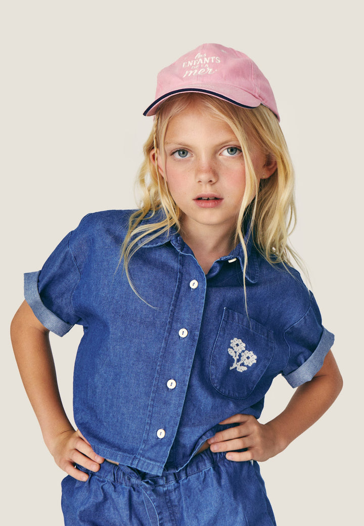 shirt s/s cropped denim with pinpoint stitch flowers - blue