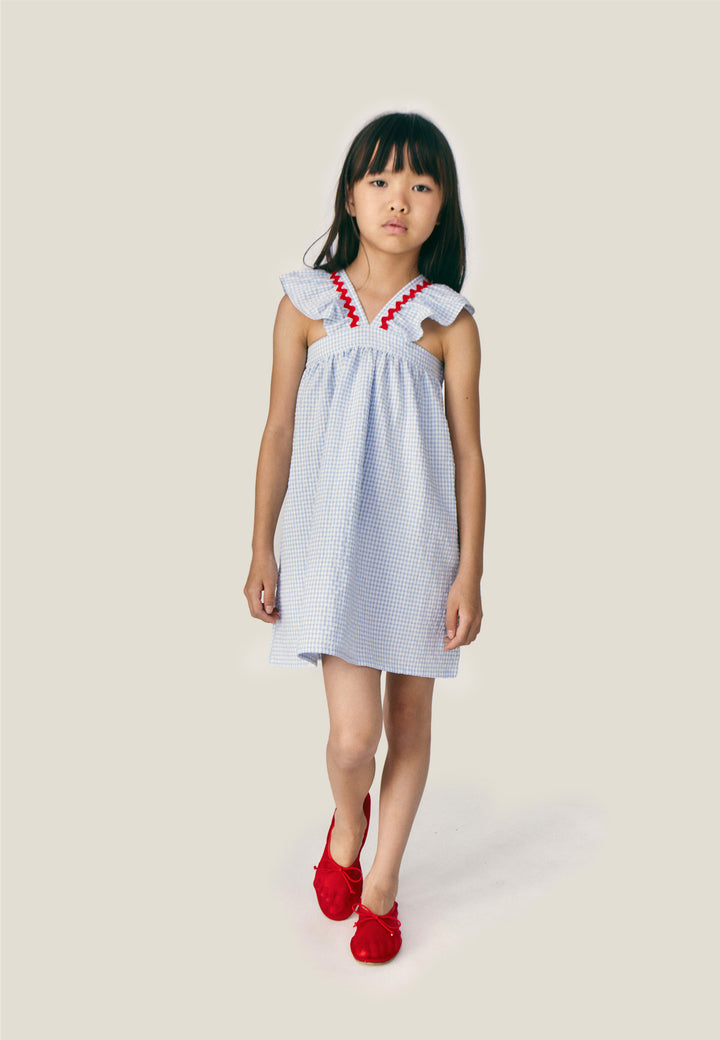 dress seersucker v flutter jumper with zig zag stitching - blue