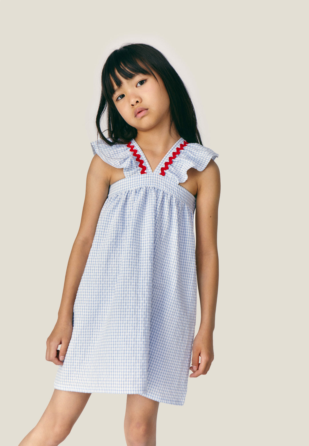 dress seersucker v flutter jumper with zig zag stitching - blue