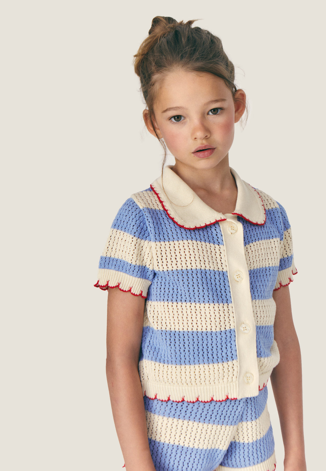 top s/s striped knit cardigan with scalloped collar and trims - ecru/blue