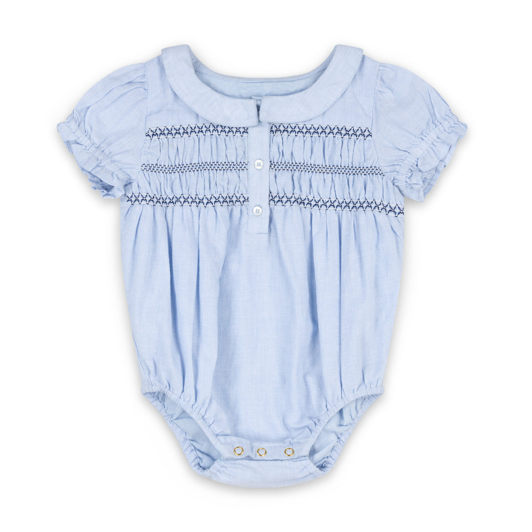 one piece smocked romper - light blue