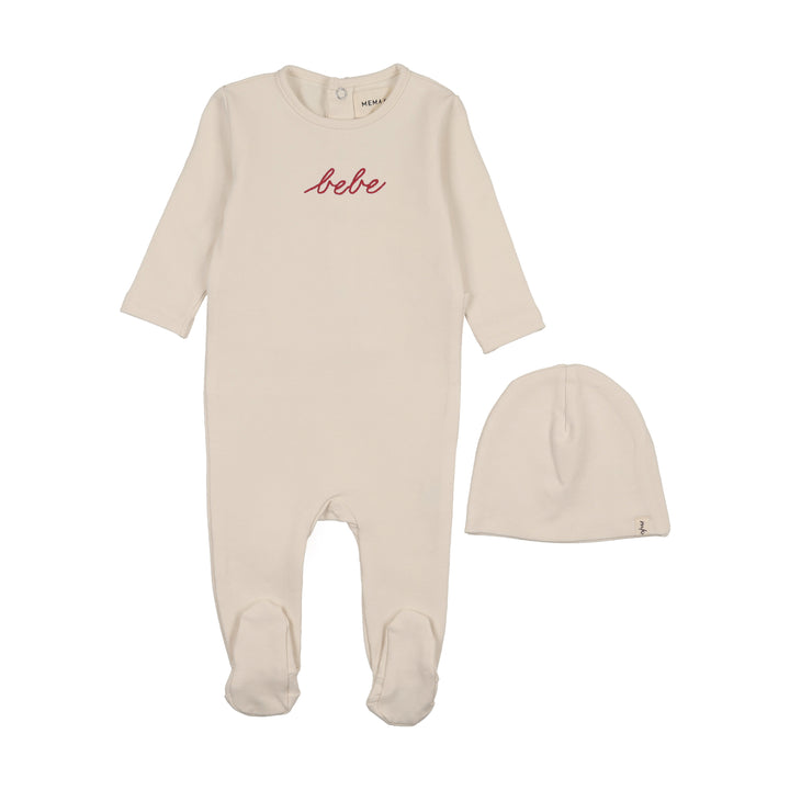 footie bebe embroidered with beanie - ivory/dark rose