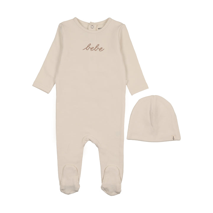 footie bebe embroidered with beanie - ivory/taupe
