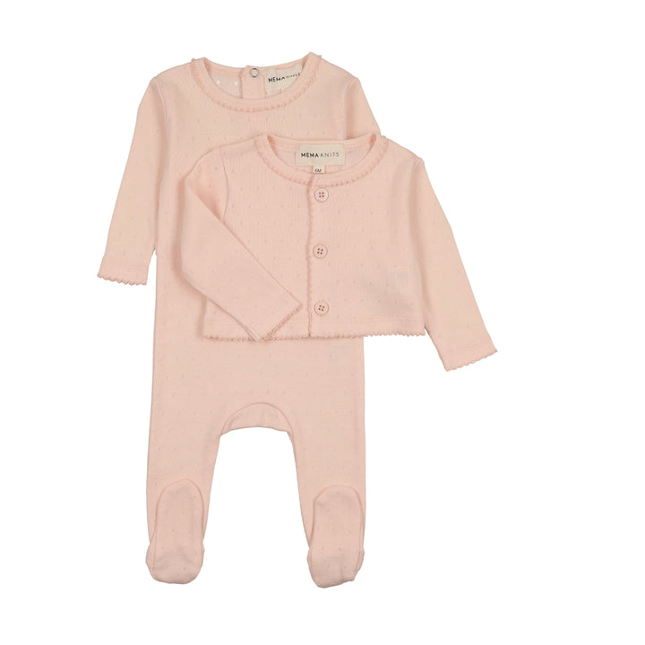 footie pointelle with cardigan and beanie - soft pink