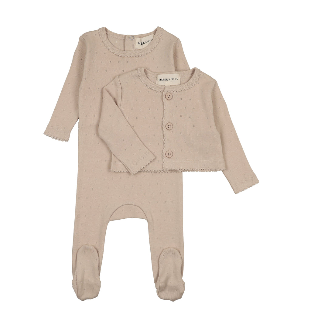 footie pointelle with cardigan and beanie - oatmeal