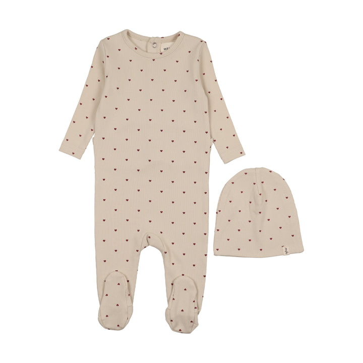 footie ribbed heart print with beanie - ecru/red hearts