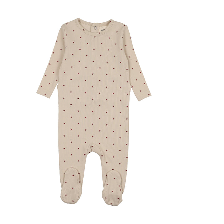 footie ribbed heart print with beanie - ecru/red hearts