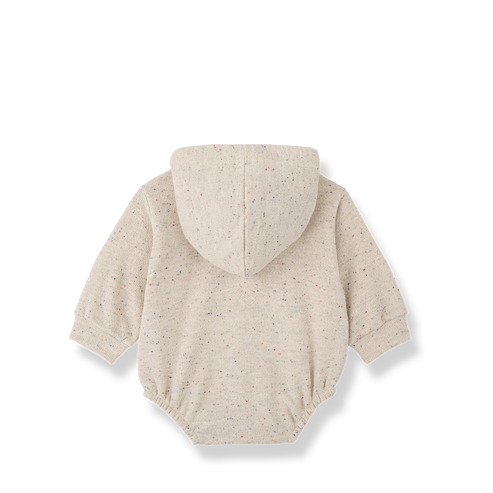 one piece speckled french terry romper with hood - rice