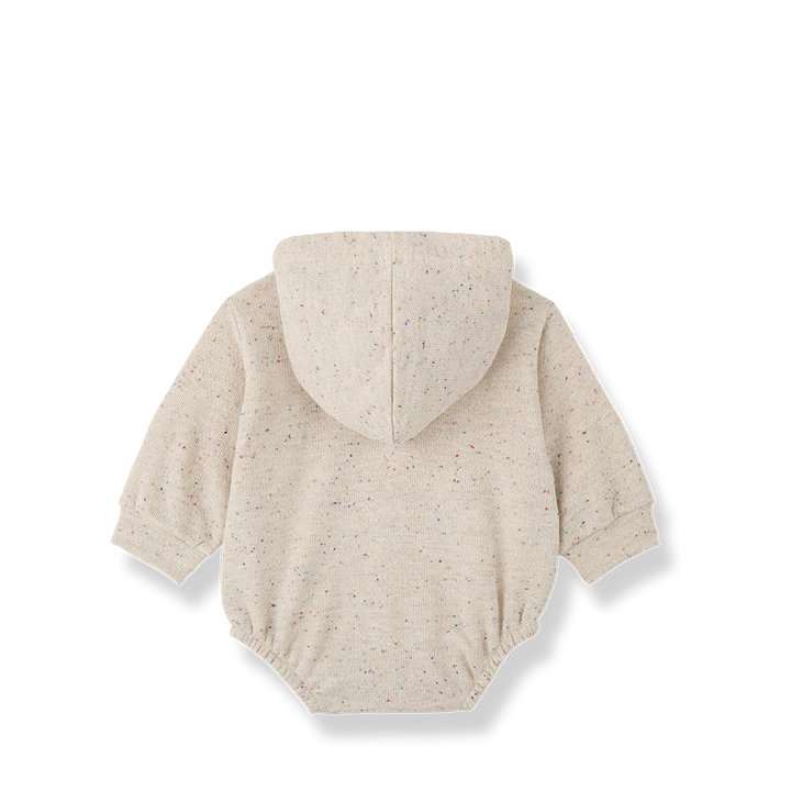 one piece speckled french terry romper with hood - rice