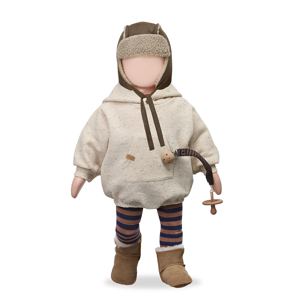 one piece speckled french terry romper with hood - rice