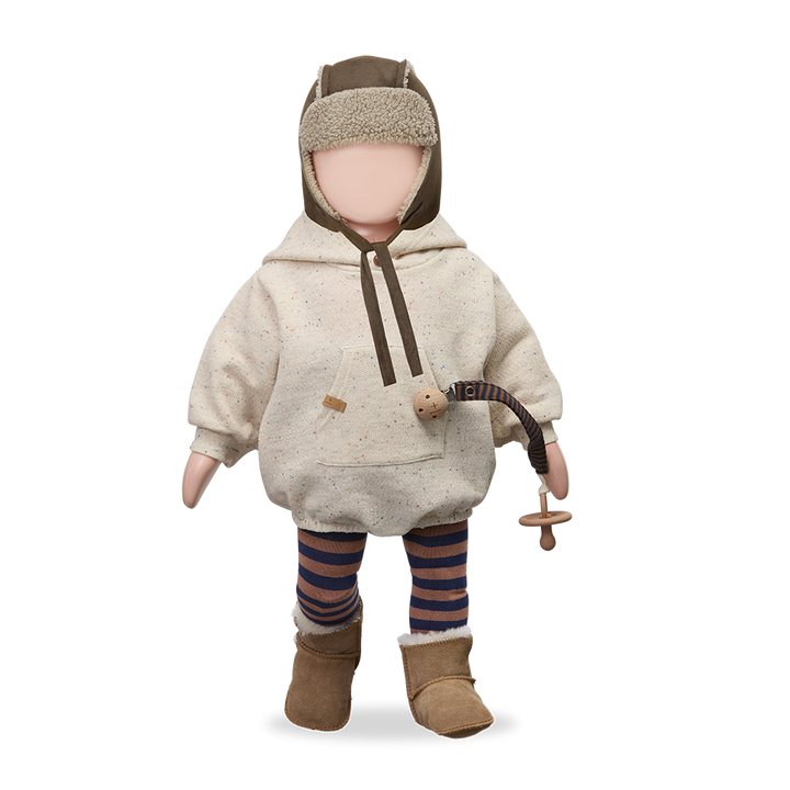 one piece speckled french terry romper with hood - rice