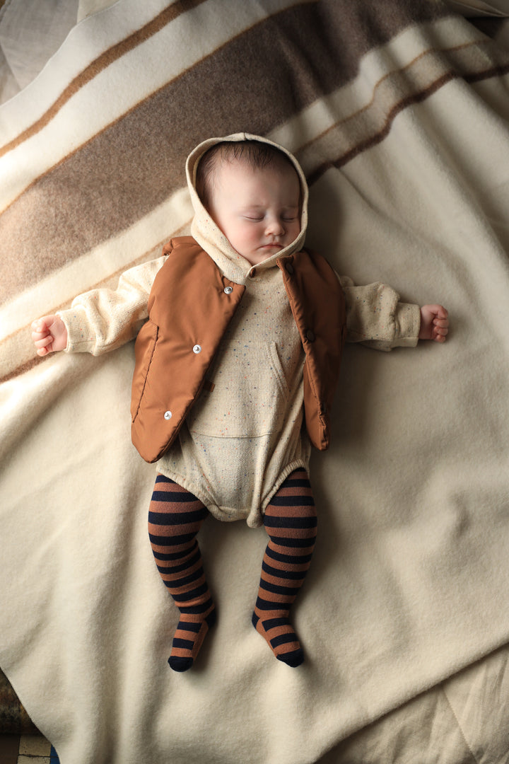 one piece speckled french terry romper with hood - rice