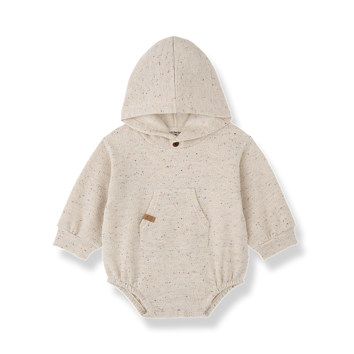 one piece speckled french terry romper with hood - rice