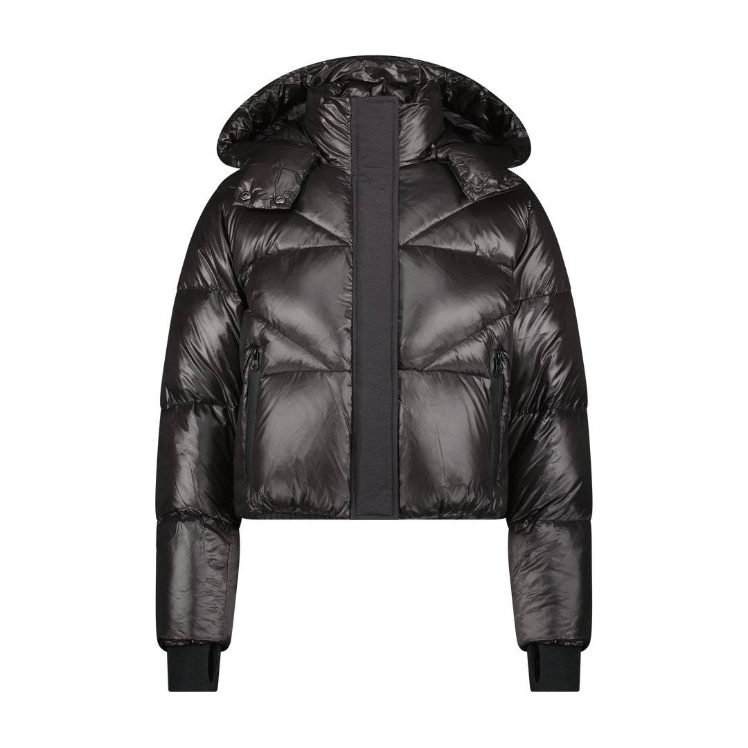 coat cropped shiny down bomber style with hood - black
