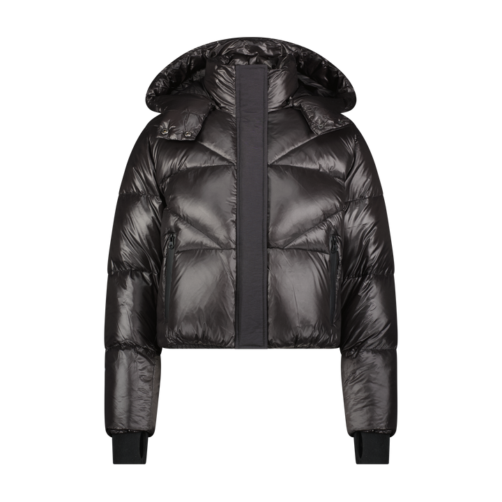 coat cropped shiny down bomber style with hood - black