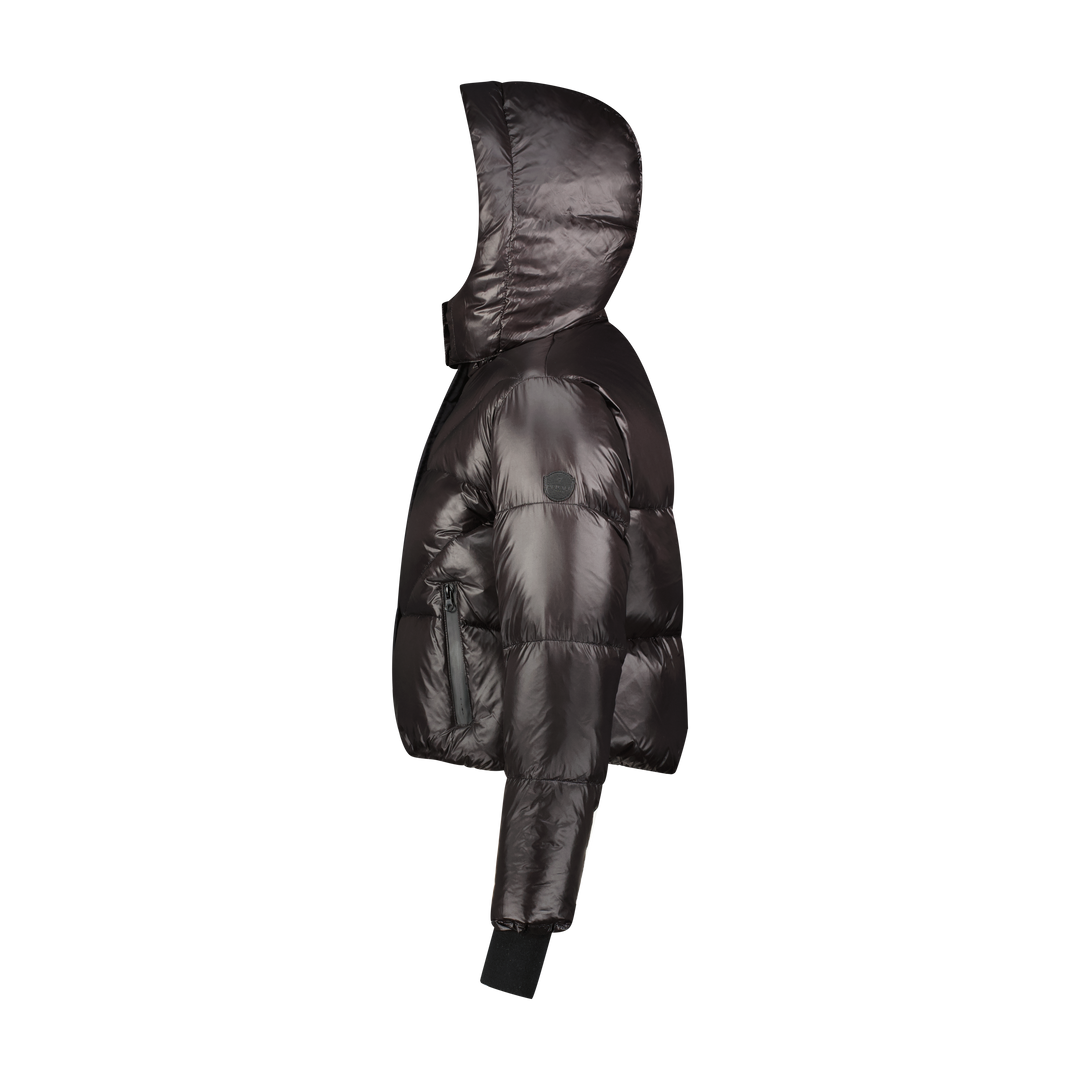 coat cropped shiny down bomber style with hood - black