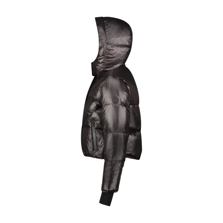 coat cropped shiny down bomber style with hood - black
