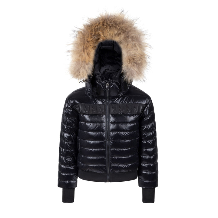 coat puffer logo strip with fur - black