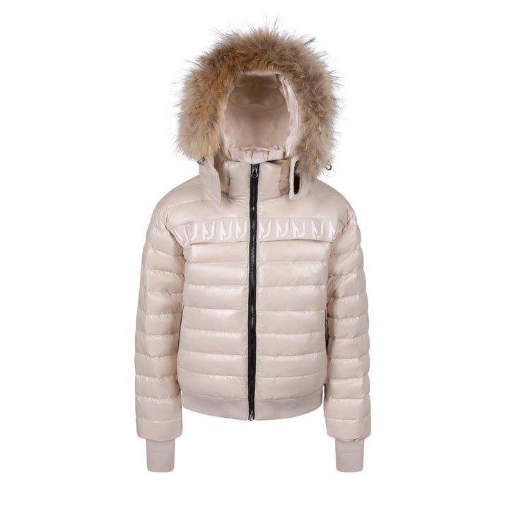 coat puffer logo strip with fur - taupe