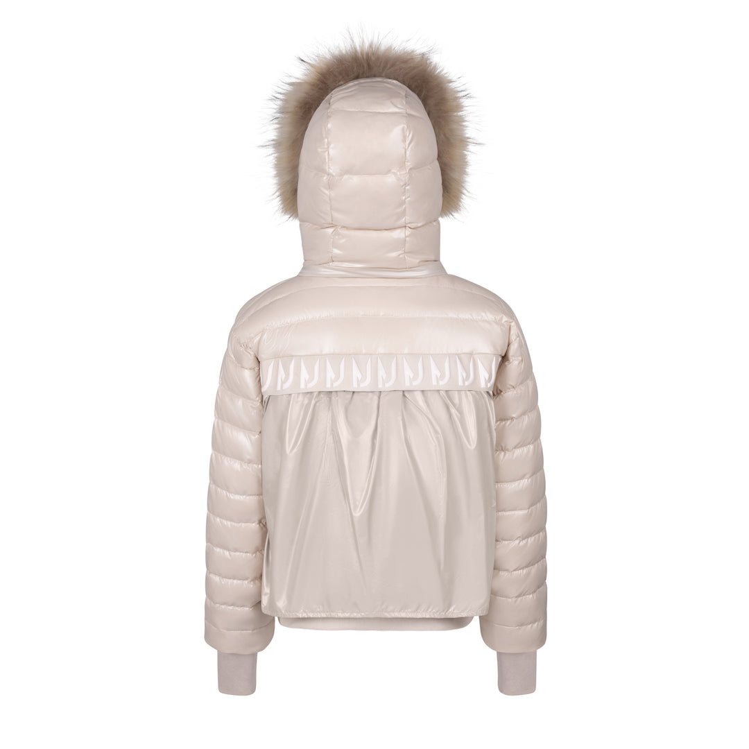 coat puffer logo strip with fur - taupe