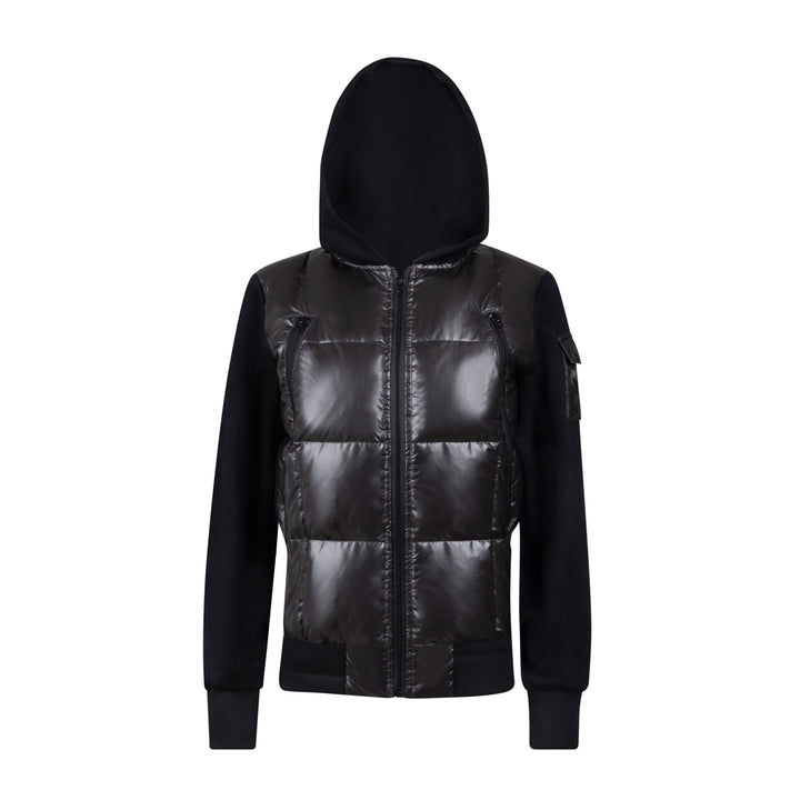 jacket puffer bomber with sweat sleeves and hood - black shiny