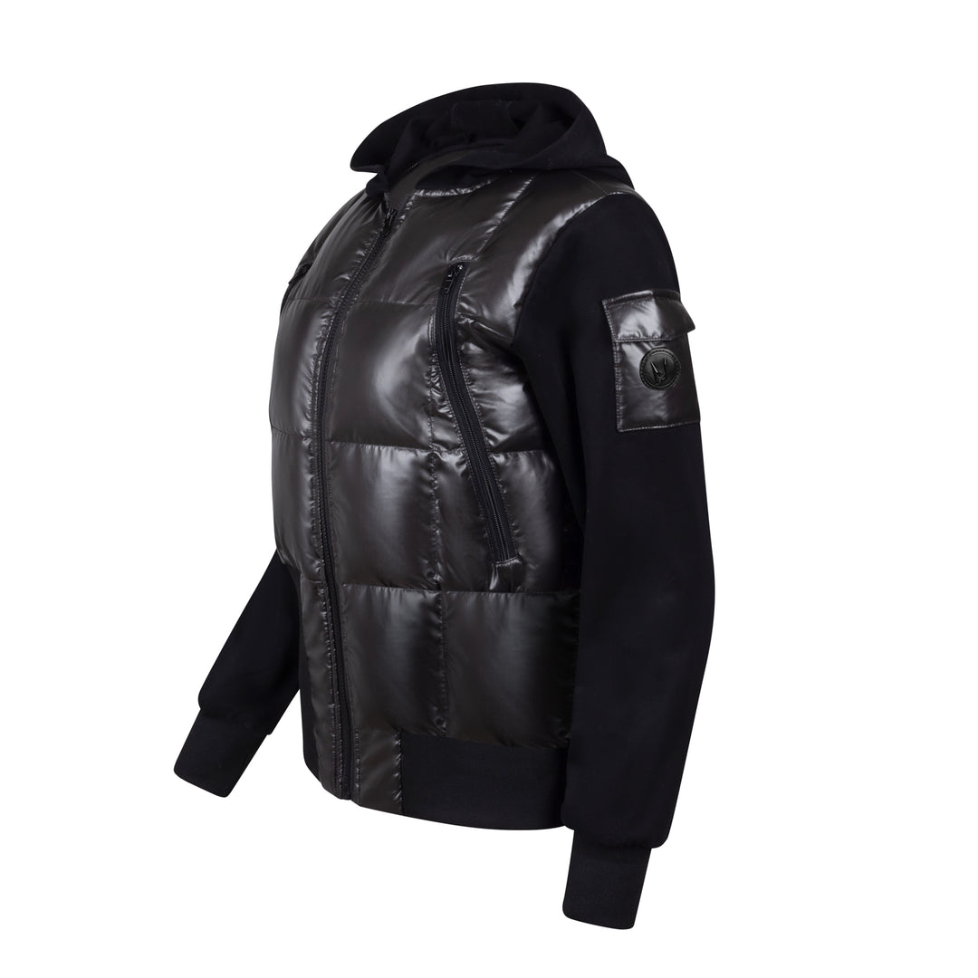 jacket puffer bomber with sweat sleeves and hood - black shiny