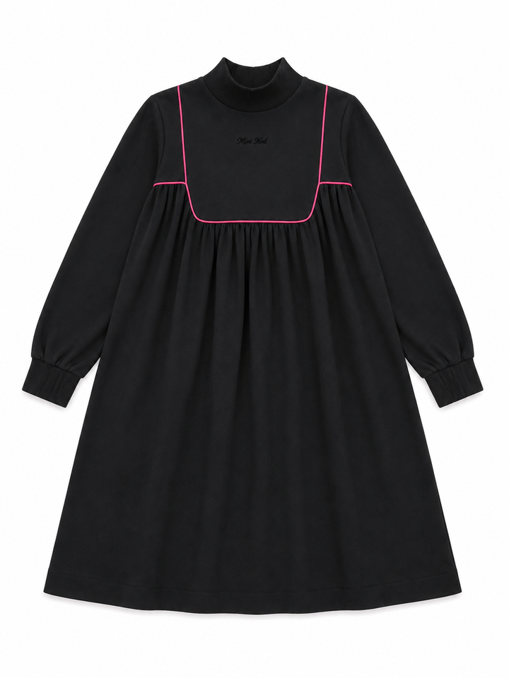 maxi dress up neck piping - black/pink