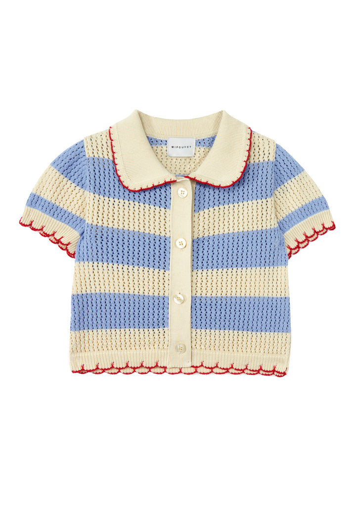 top s/s striped knit cardigan with scalloped collar and trims - ecru/blue
