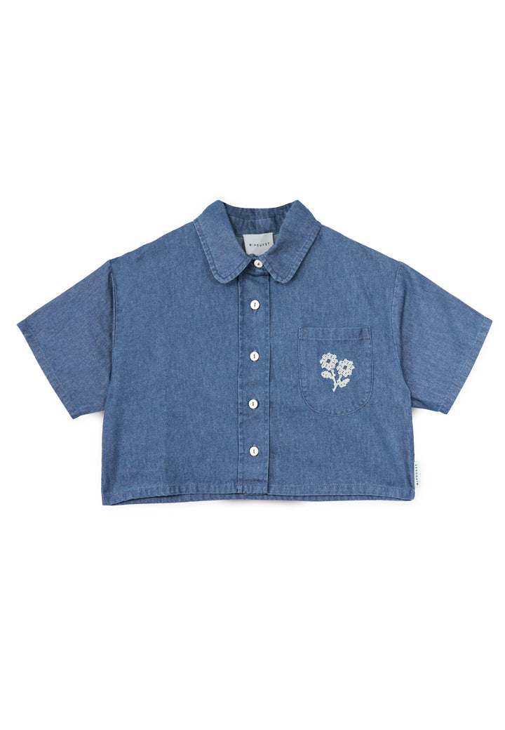 shirt s/s cropped denim with pinpoint stitch flowers - blue