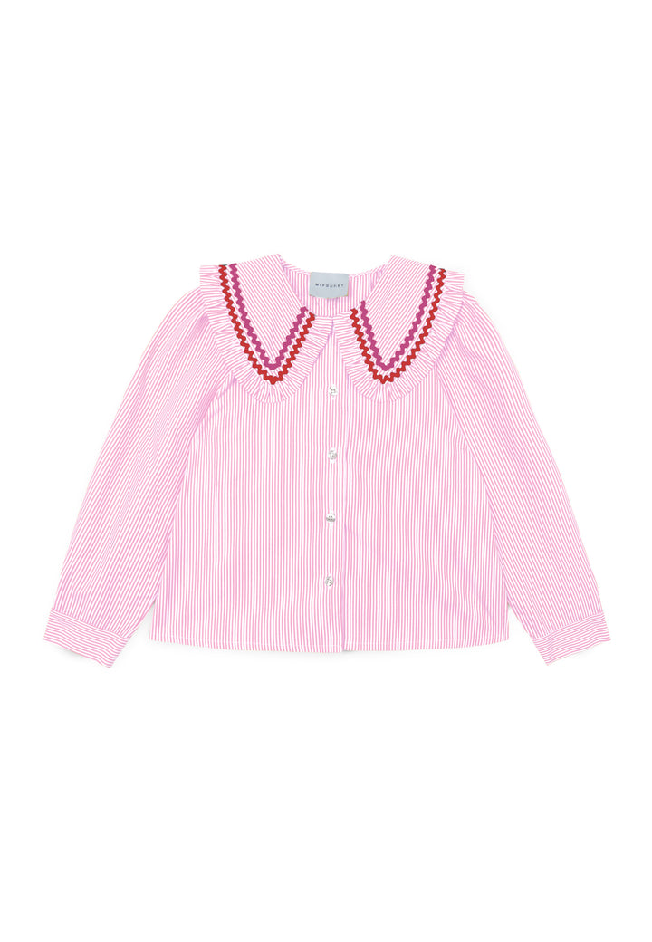 shirt s/s striped with zig zag stitch frill collar - pink