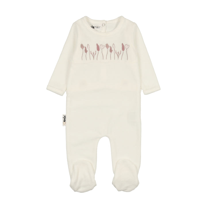 footie velour embroidered garden with beanie - cream