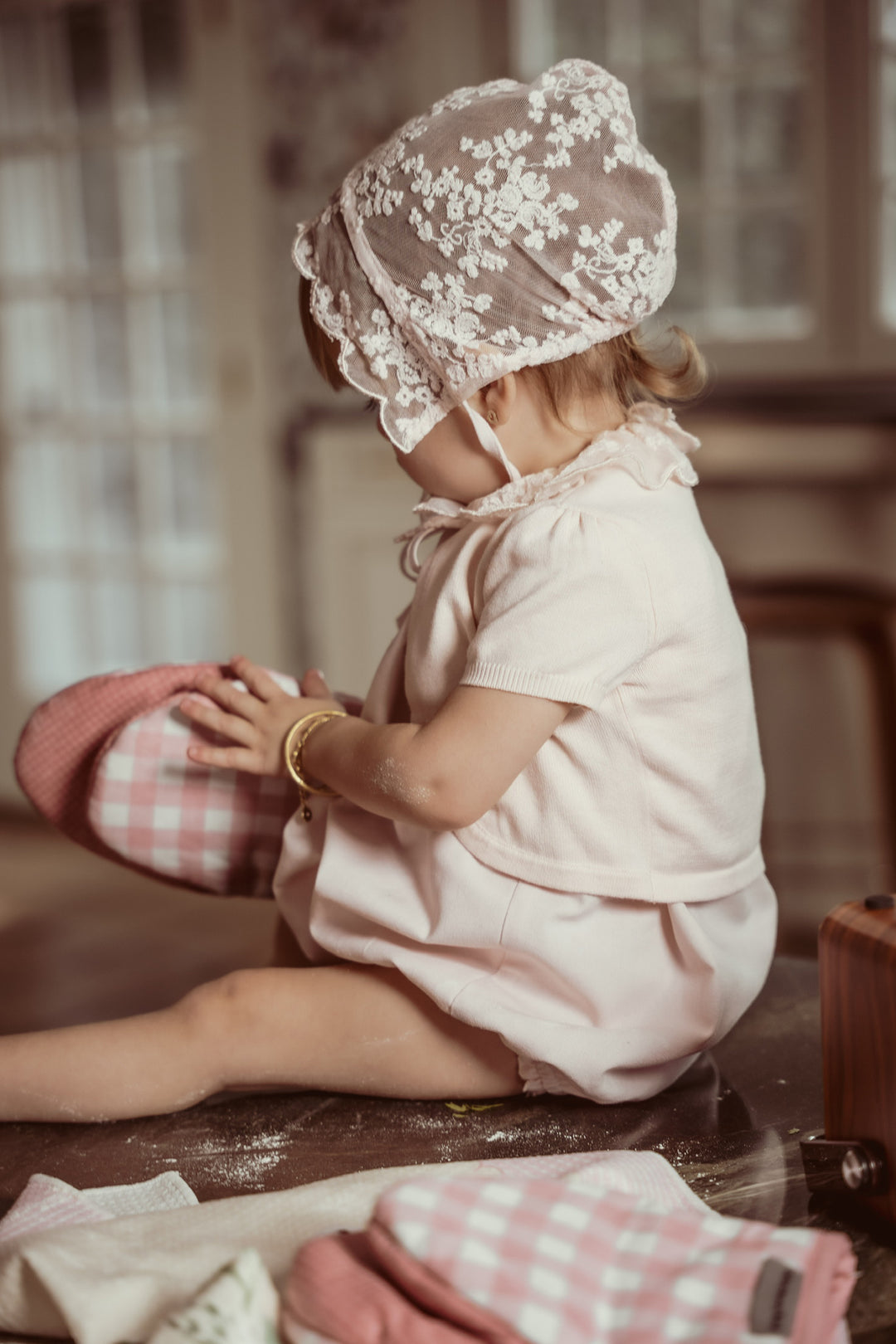 one piece mayfair lace collar romper with bonnet - rose