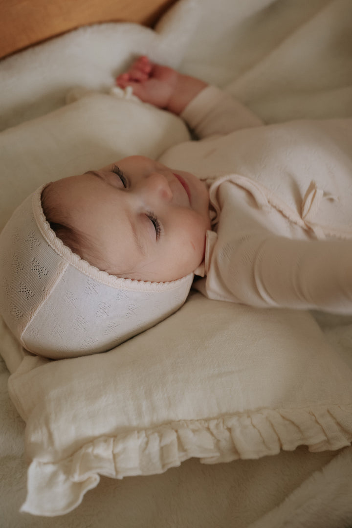 footie pointelle bow scalloped wrap with bonnet - light pink