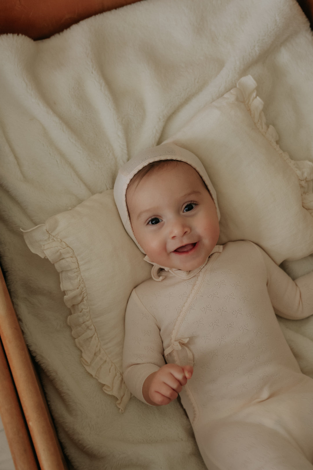 footie pointelle bow scalloped wrap with bonnet - light pink