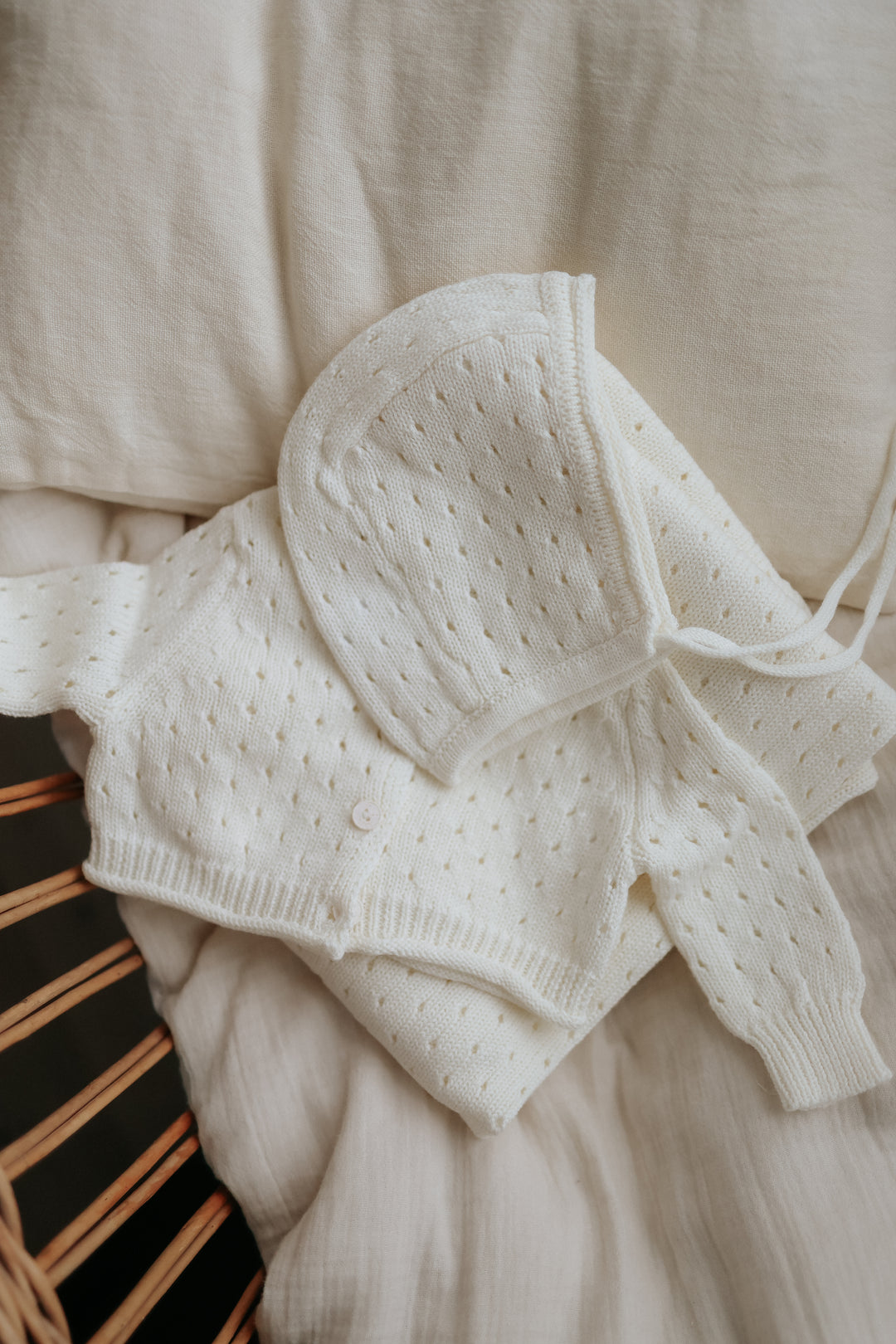 top l/s pointelle knit cardigan with bonnet - ivory