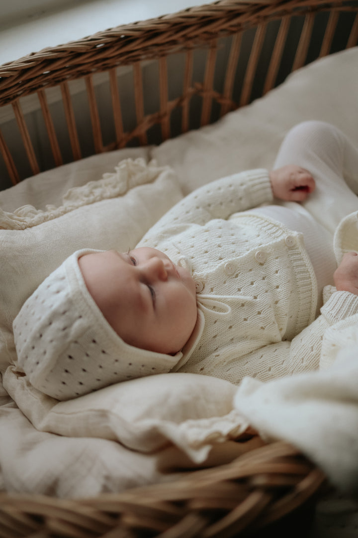 top l/s pointelle knit cardigan with bonnet - ivory