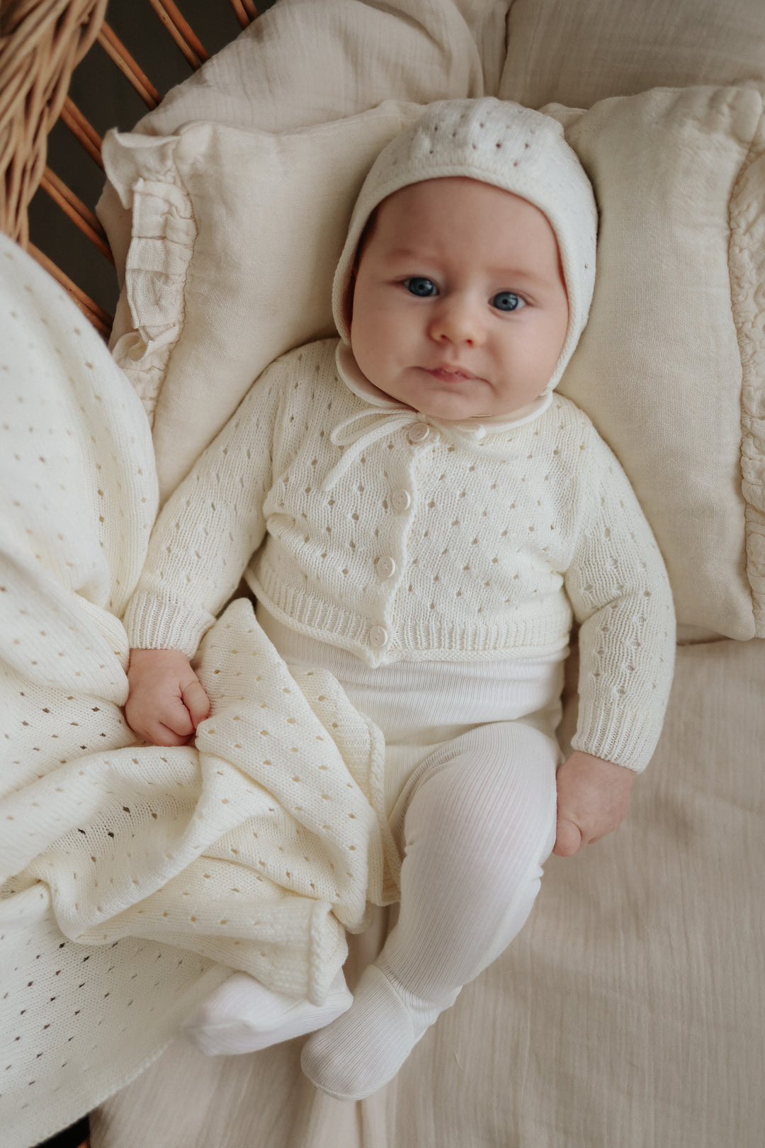 top l/s pointelle knit cardigan with bonnet - ivory