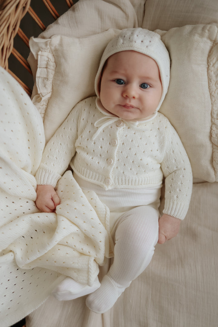 top l/s pointelle knit cardigan with bonnet - ivory