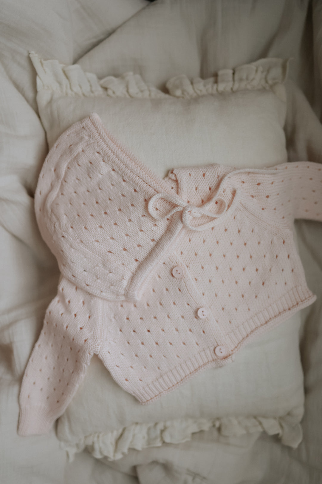 top l/s pointelle knit cardigan with bonnet - pale dogwood