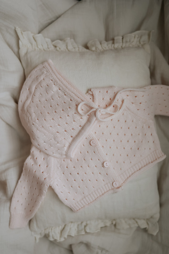 top l/s pointelle knit cardigan with bonnet - pale dogwood