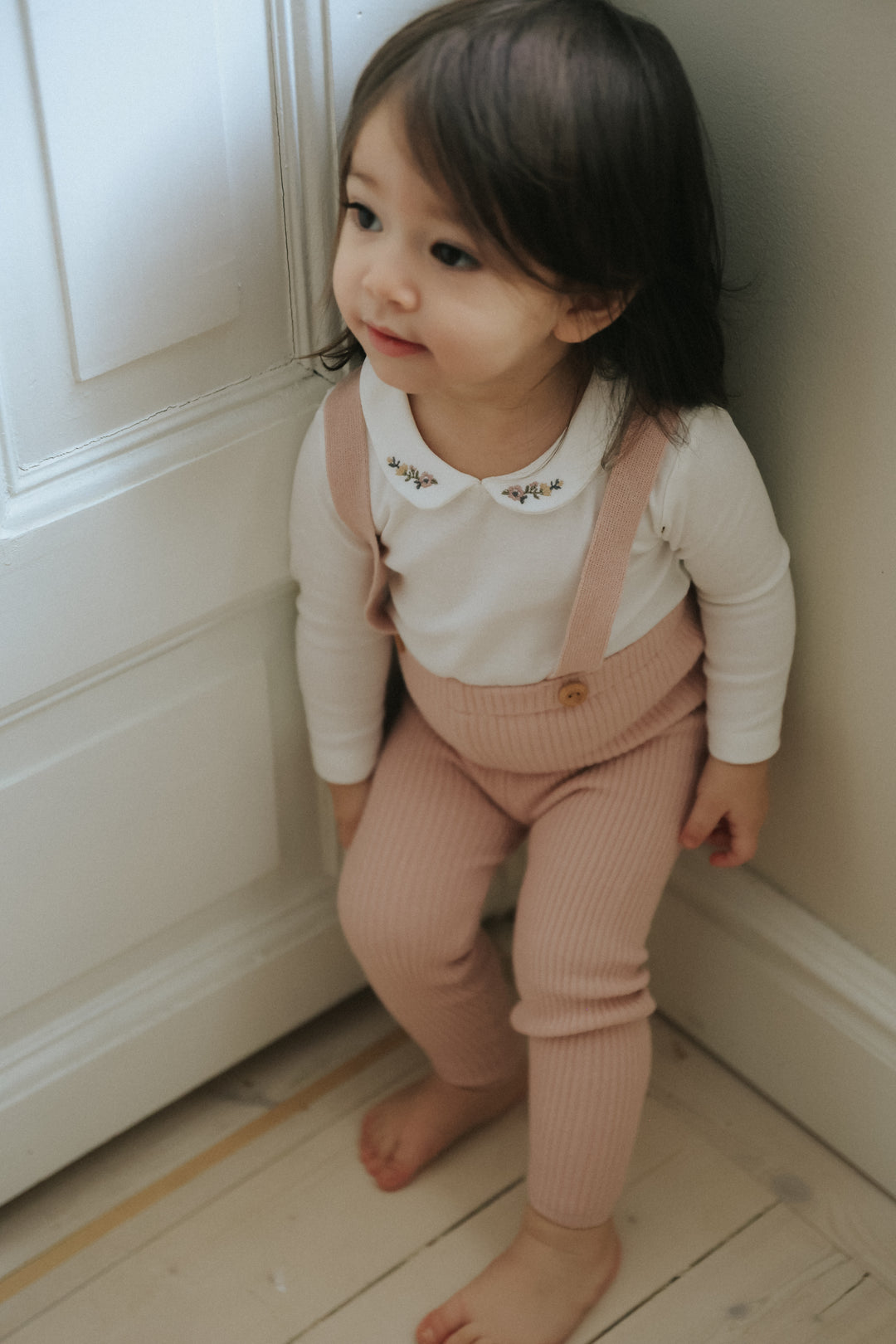set outfit collared onesie and long overalls - wntr whte/pale pink