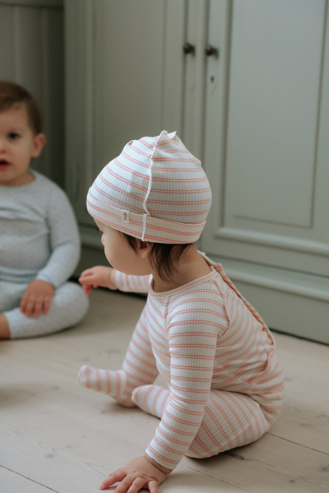 footie rib striped with beanie - rose pink