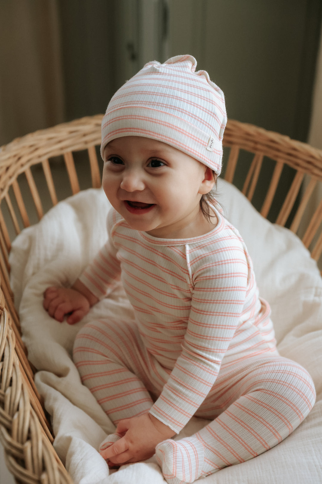 footie rib striped with beanie - rose pink