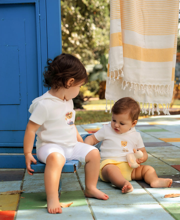 set outfit hooded bear tee and bloomers - white/yellow