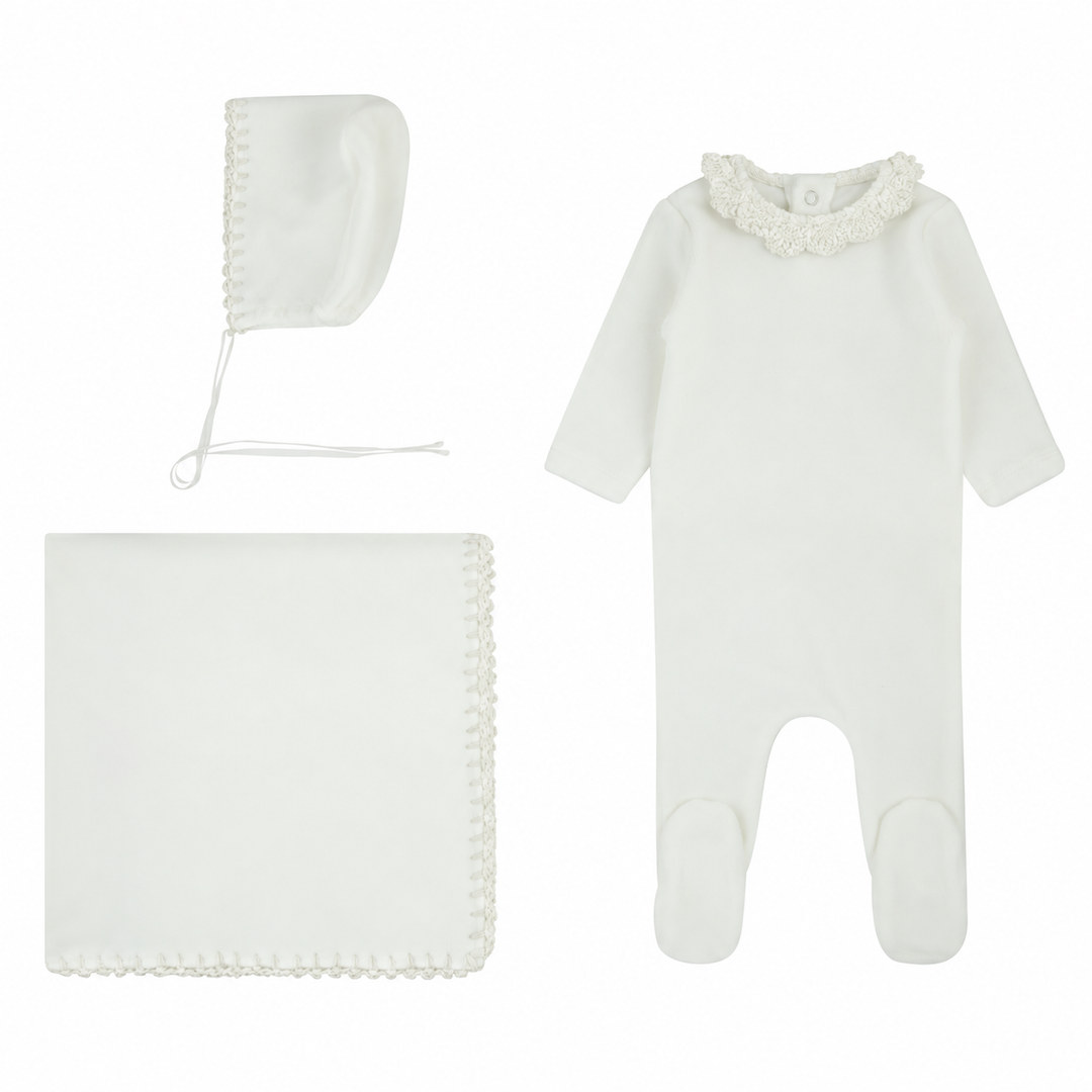set footie velour crochet collar with bonnet and blanket - milk/milk
